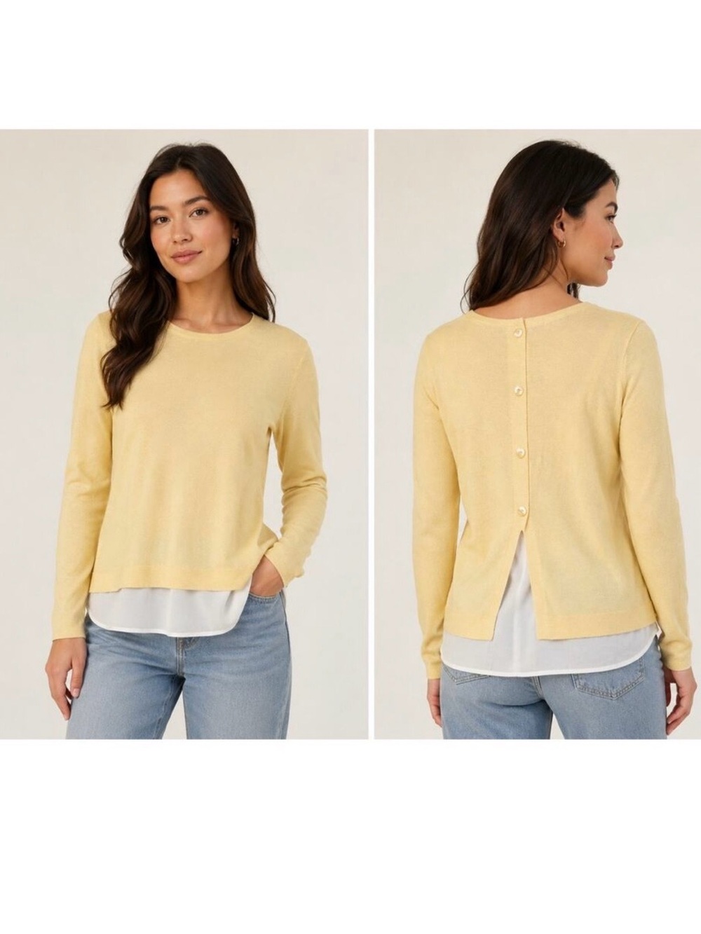 J. Jill Yellow & White Layered Long Sleeve Button-Back Crewneck Sweater Size, XL